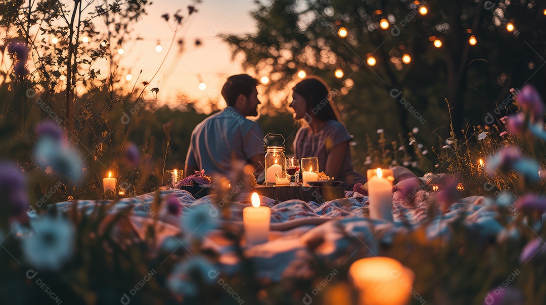 Casal romântico em piquenique ao entardecer, com velas e flores decorando o cenário do Dia dos Namorados