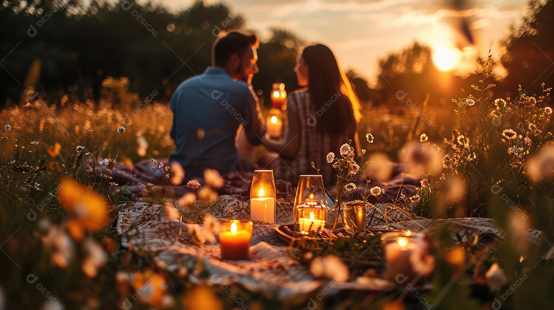 Casal romântico em piquenique ao entardecer, com velas e flores decorando o cenário do Dia dos Namorados