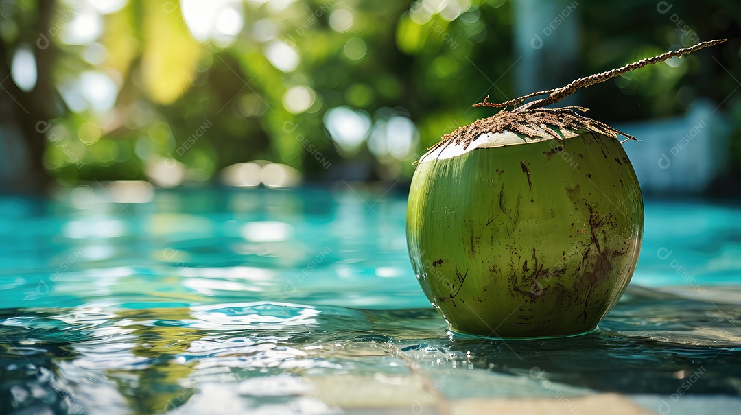 Coco verde à beira da piscina aberta com água de coco fresquinha para refrescar do calor