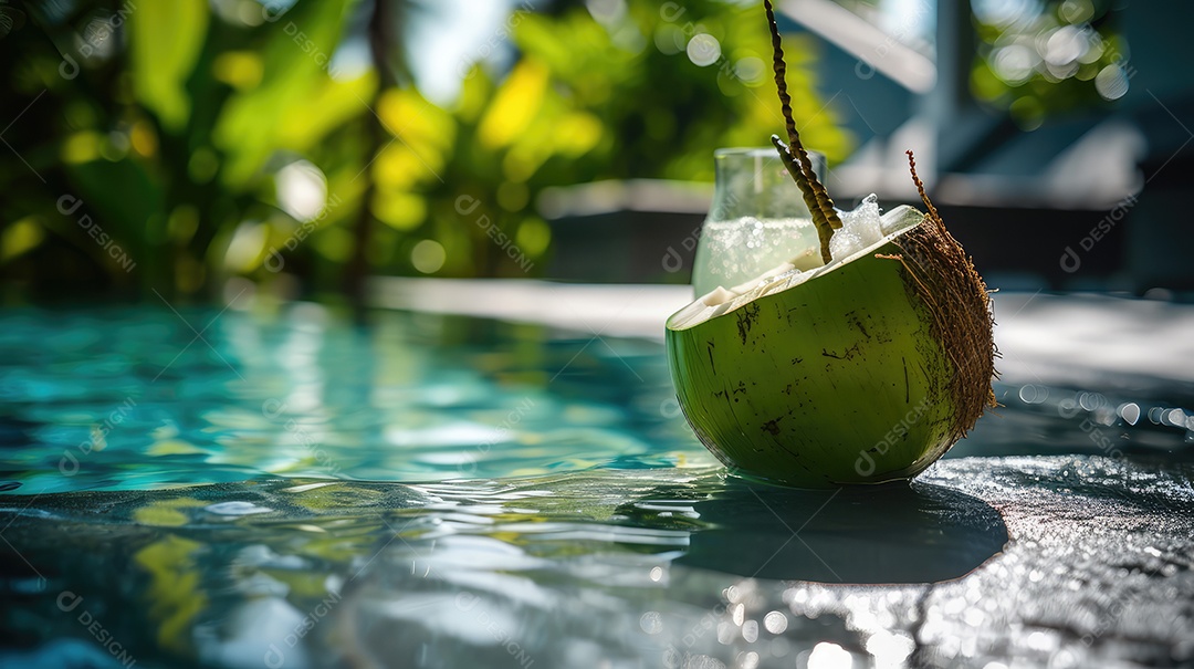 Coco verde à beira da piscina aberta com água de coco fresquinha para refrescar do calor