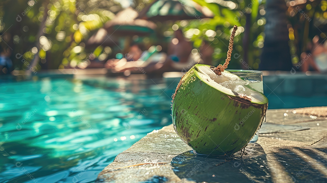 Coco verde à beira da piscina aberta com água de coco fresquinha para refrescar do calor