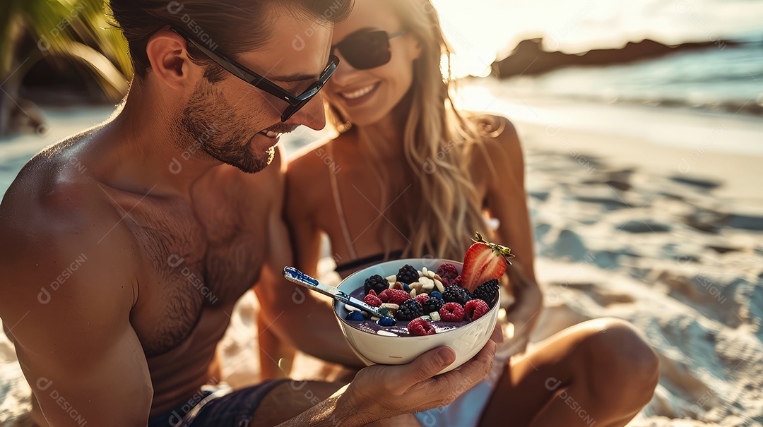 Casal jovem desfrutando de uma tigela de açaí tropical em uma praia ensolarada
