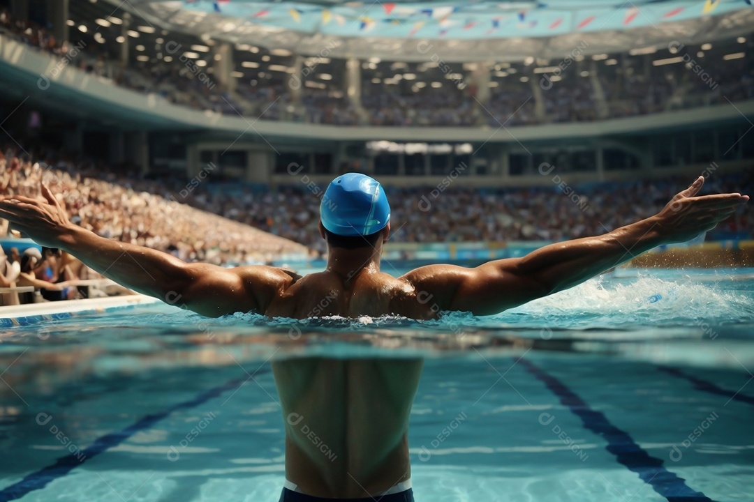 Jogo Olímpico um homem nadando na piscina levanta os braços diante de uma multidão comemorando a vitória