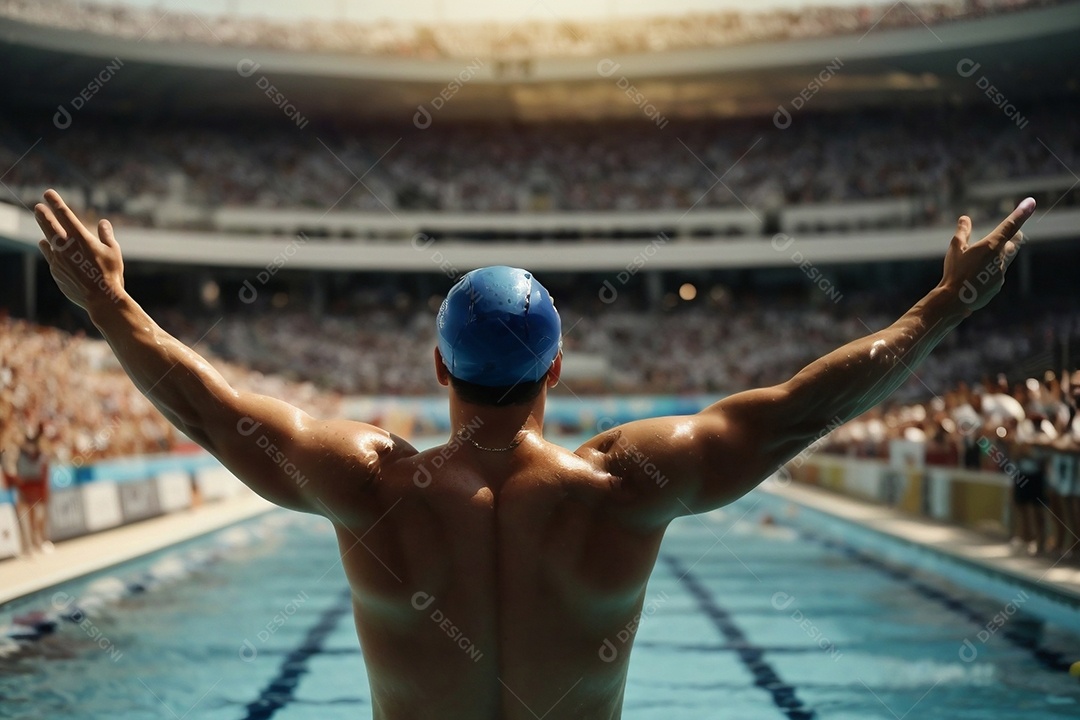 Jogo Olímpico um homem nadando na piscina levanta os braços diante de uma multidão comemorando a vitória