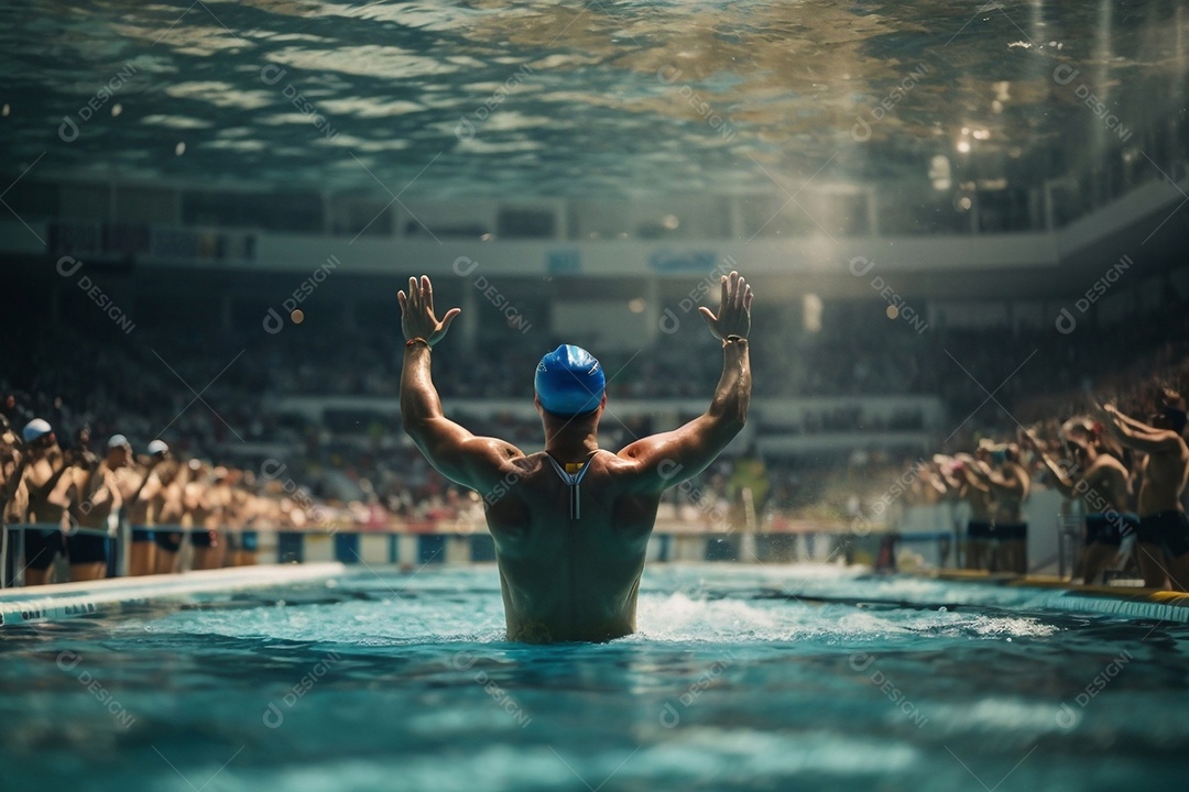 Jogo Olímpico um homem nadando na piscina levanta os braços diante de uma multidão comemorando a vitória