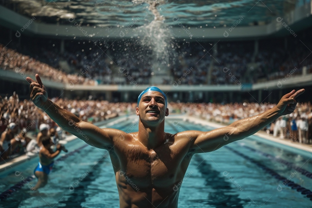 Jogo Olímpico um homem nadando na piscina levanta os braços diante de uma multidão comemorando a vitória