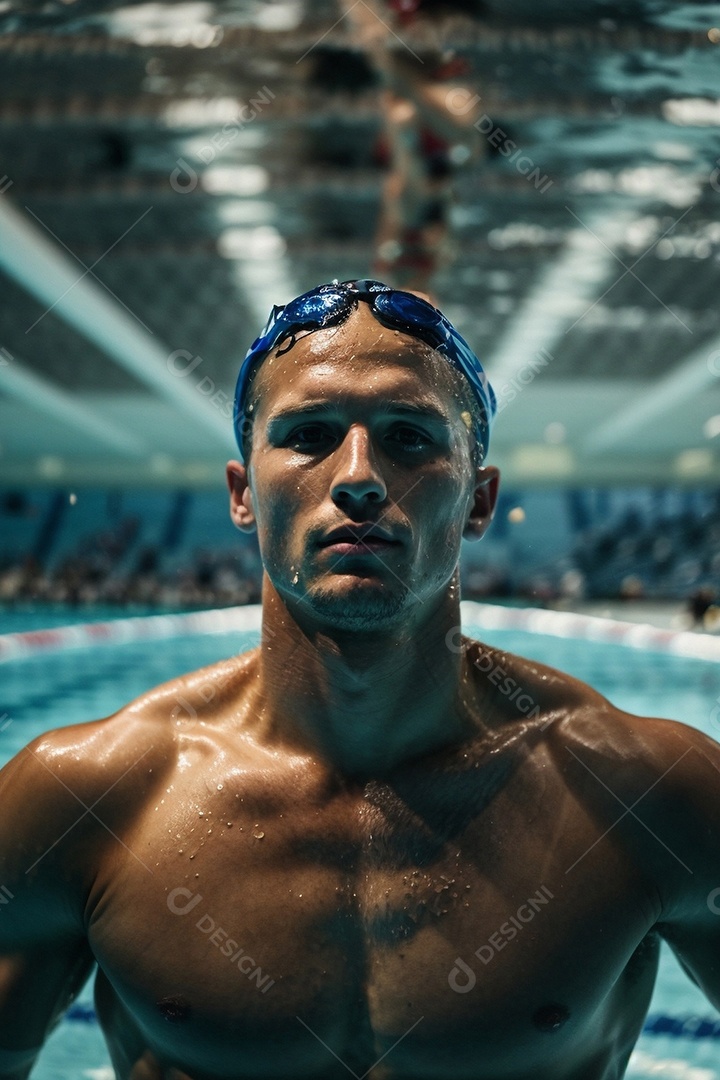 Jogo Olímpico um homem nadando na piscina levanta os braços diante de uma multidão comemorando a vitória