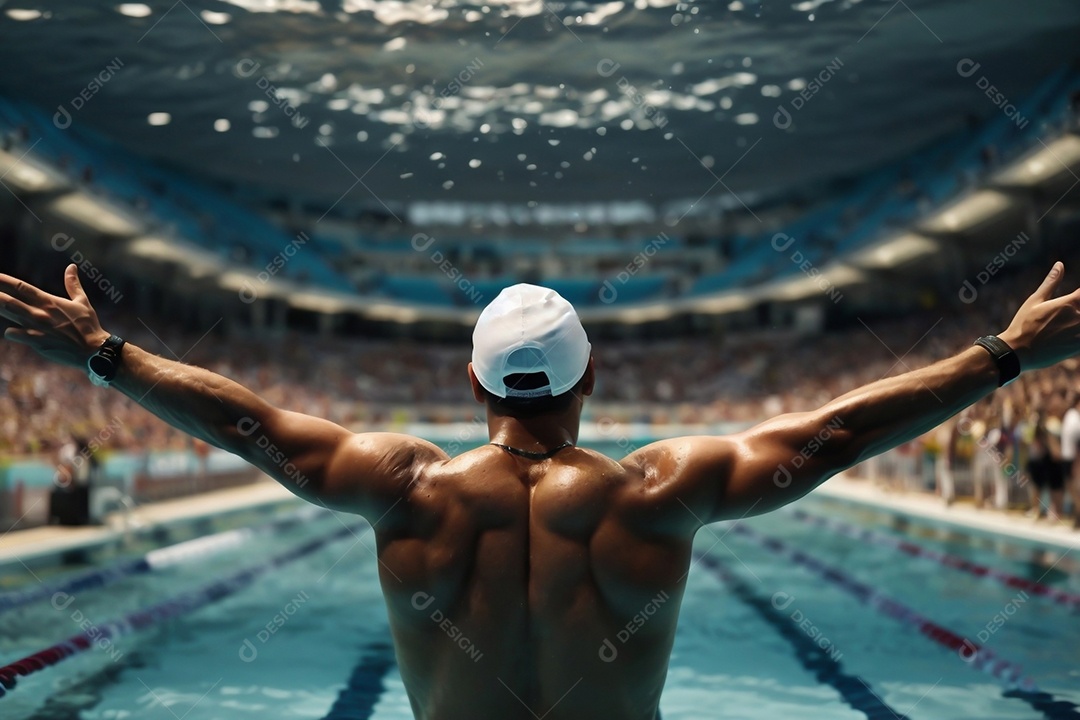 Jogo Olímpico um homem nadando na piscina levanta os braços diante de uma multidão comemorando a vitória