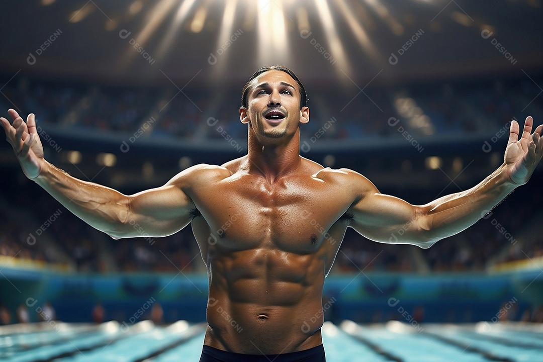 Jogo Olímpico um homem nadando na piscina levanta os braços diante de uma multidão comemorando a vitória