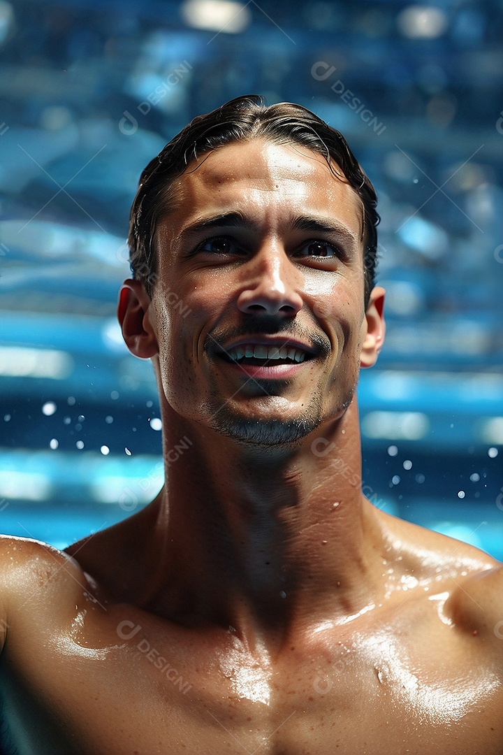 Jogo Olímpico um homem nadando na piscina levanta os braços diante de uma multidão comemorando a vitória