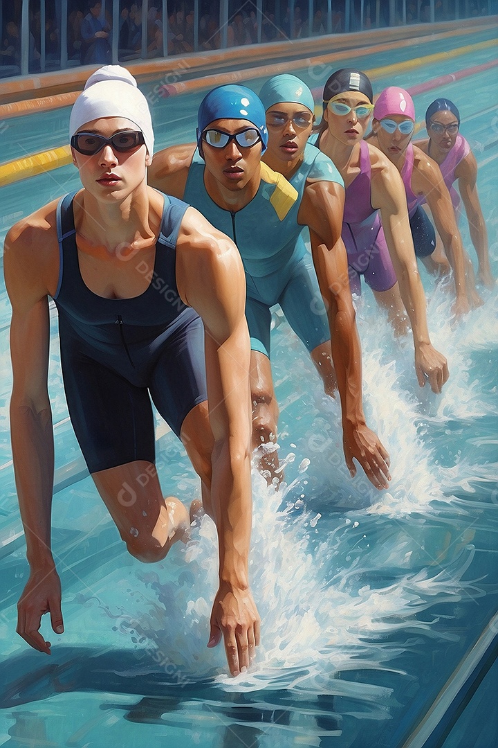 Jogo Olímpico uma ilustração em pastel de um grupo de nadadores olímpicos correndo em suas raias