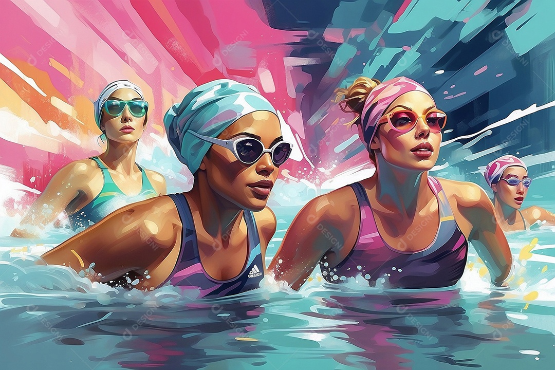 Jogo Olímpico uma ilustração em pastel de um grupo de nadadores olímpicos correndo em suas raias IA generativa
