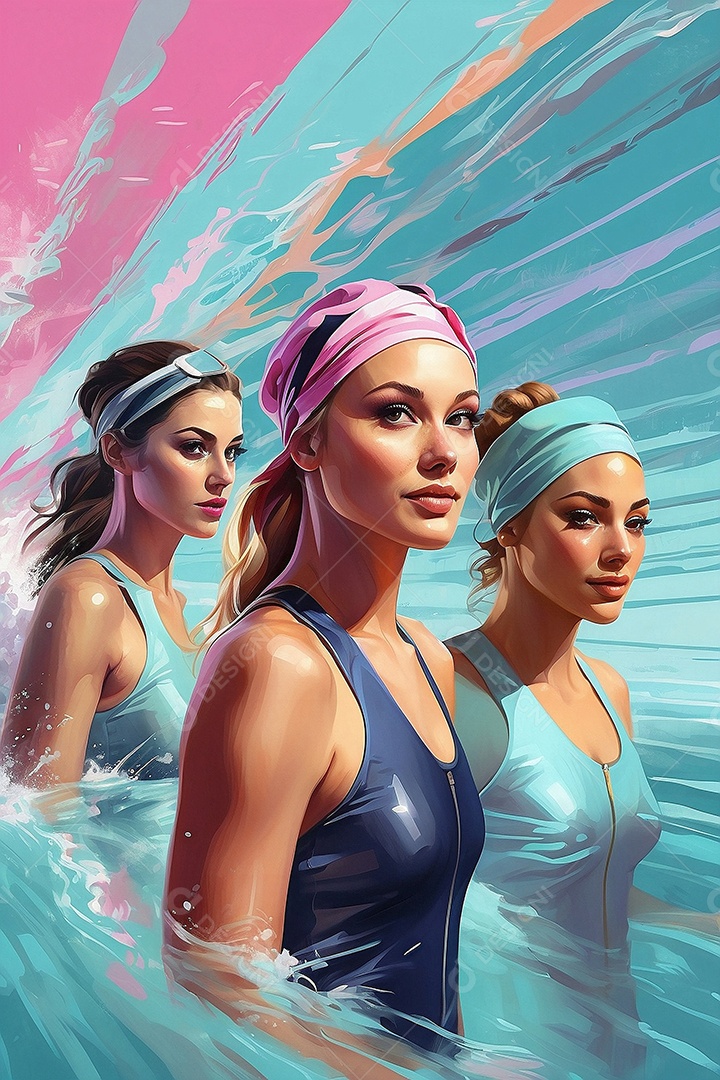 Jogo Olímpico uma ilustração em pastel de um grupo de nadadores olímpicos correndo em suas raias IA generativa