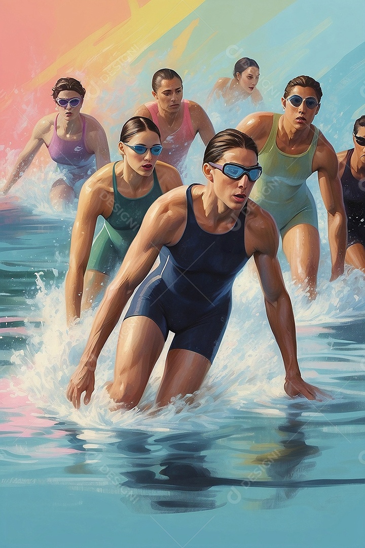 Jogo Olímpico uma ilustração em pastel de um grupo de nadadores olímpicos correndo em suas raias IA generativa