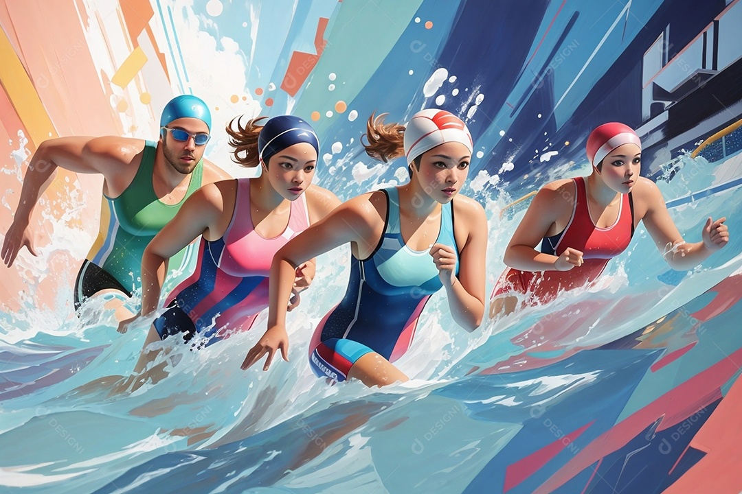 Jogo Olímpico uma ilustração em pastel de um grupo de nadadores olímpicos correndo em suas raias IA generativa