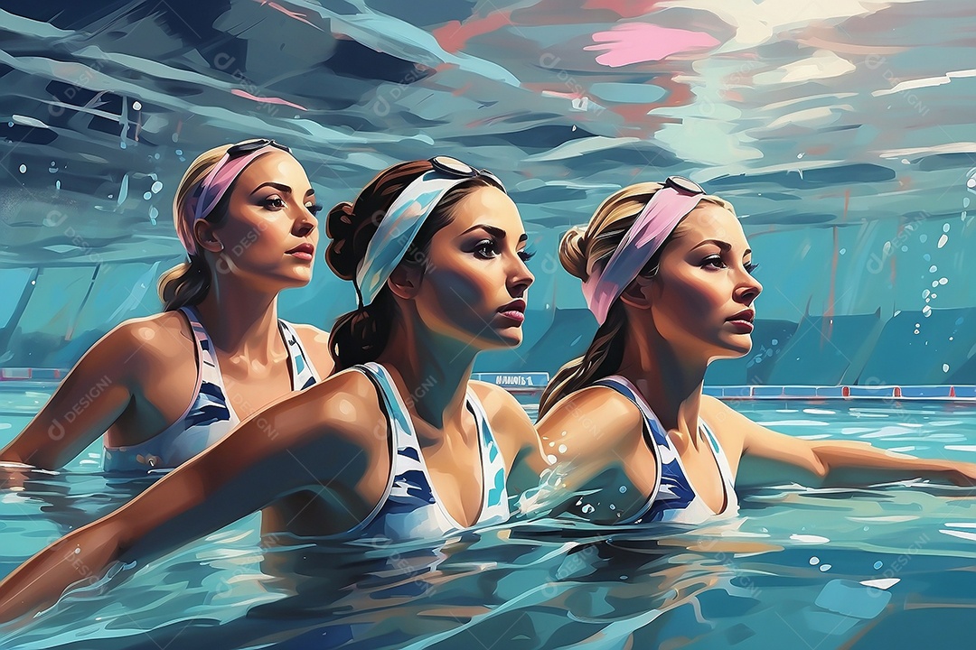 Jogo Olímpico uma ilustração em pastel de um grupo de nadadores olímpicos correndo em suas raias IA generativa