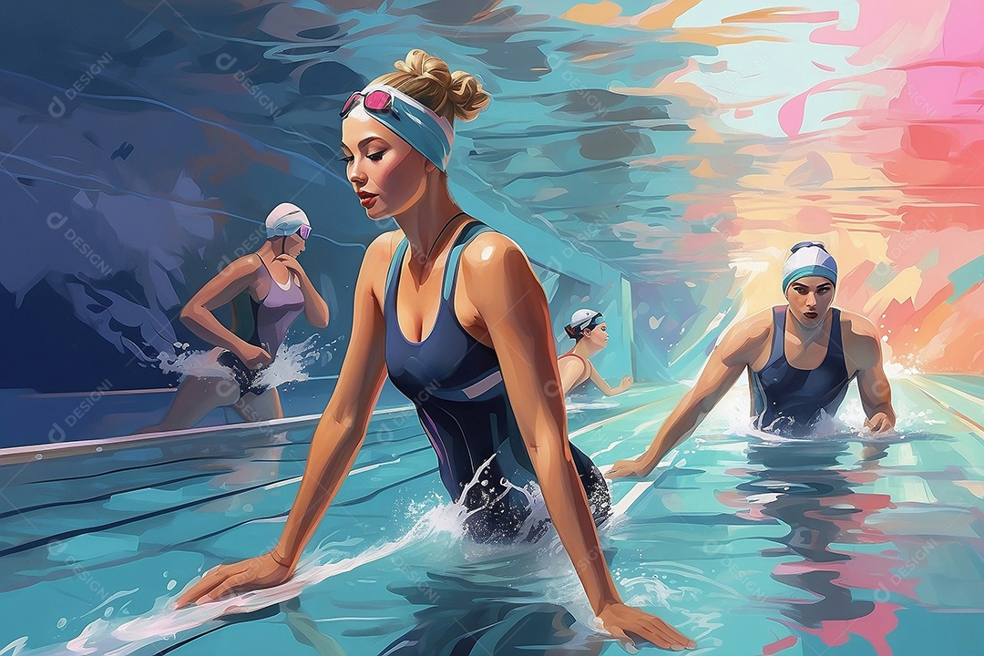 Jogo Olímpico uma ilustração em pastel de um grupo de nadadores olímpicos correndo em suas raias IA generativa