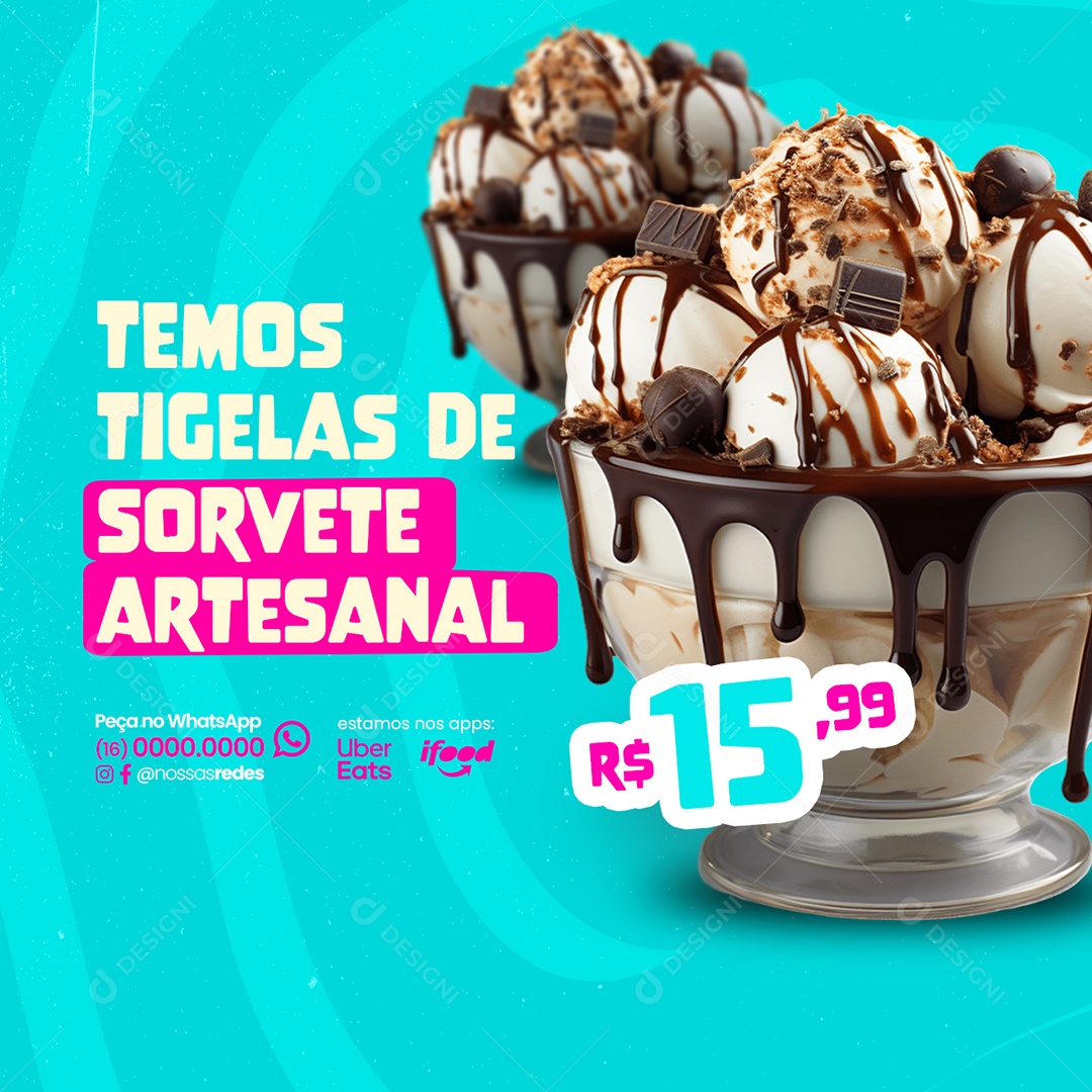 Sorveteria Temos Tigelas de Sorvete Artesanal Social Media PSD Editável