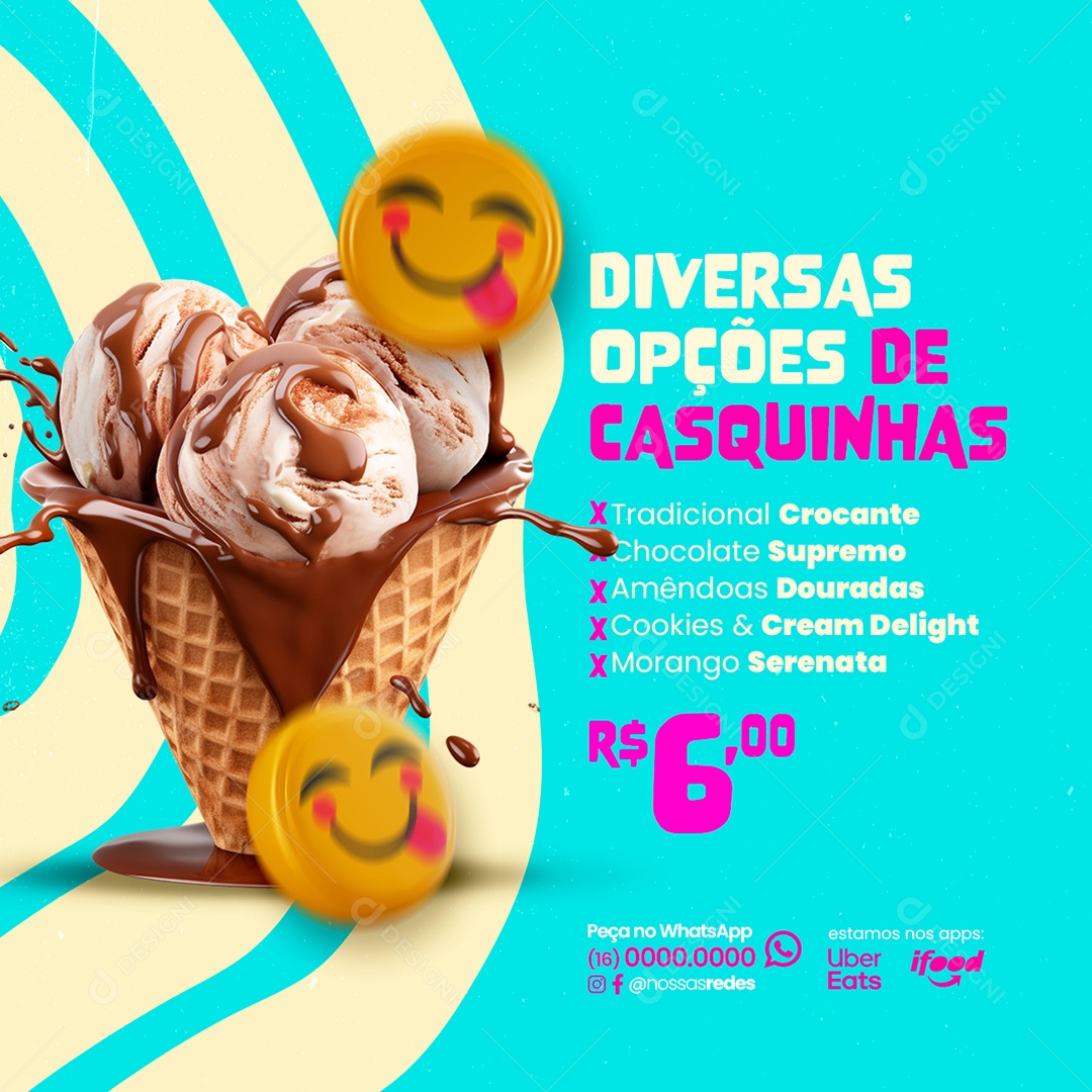 Sorveteria Diversas Opções de Casquinhas Social Media PSD Editável