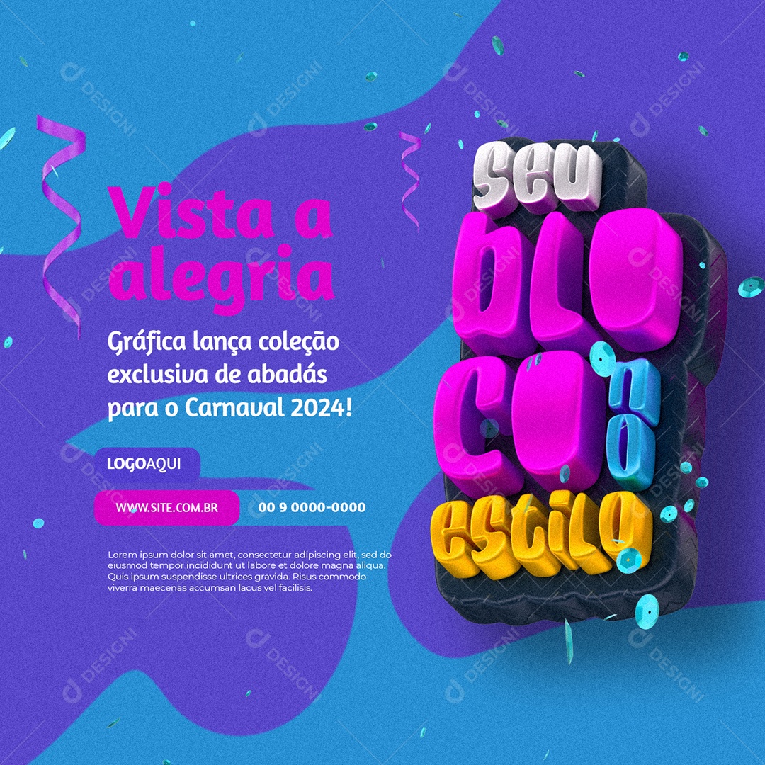 Carnaval Abadá Seu Bloquinho no Estilo Vista a alegria Gráfica Social Media PSD Editável