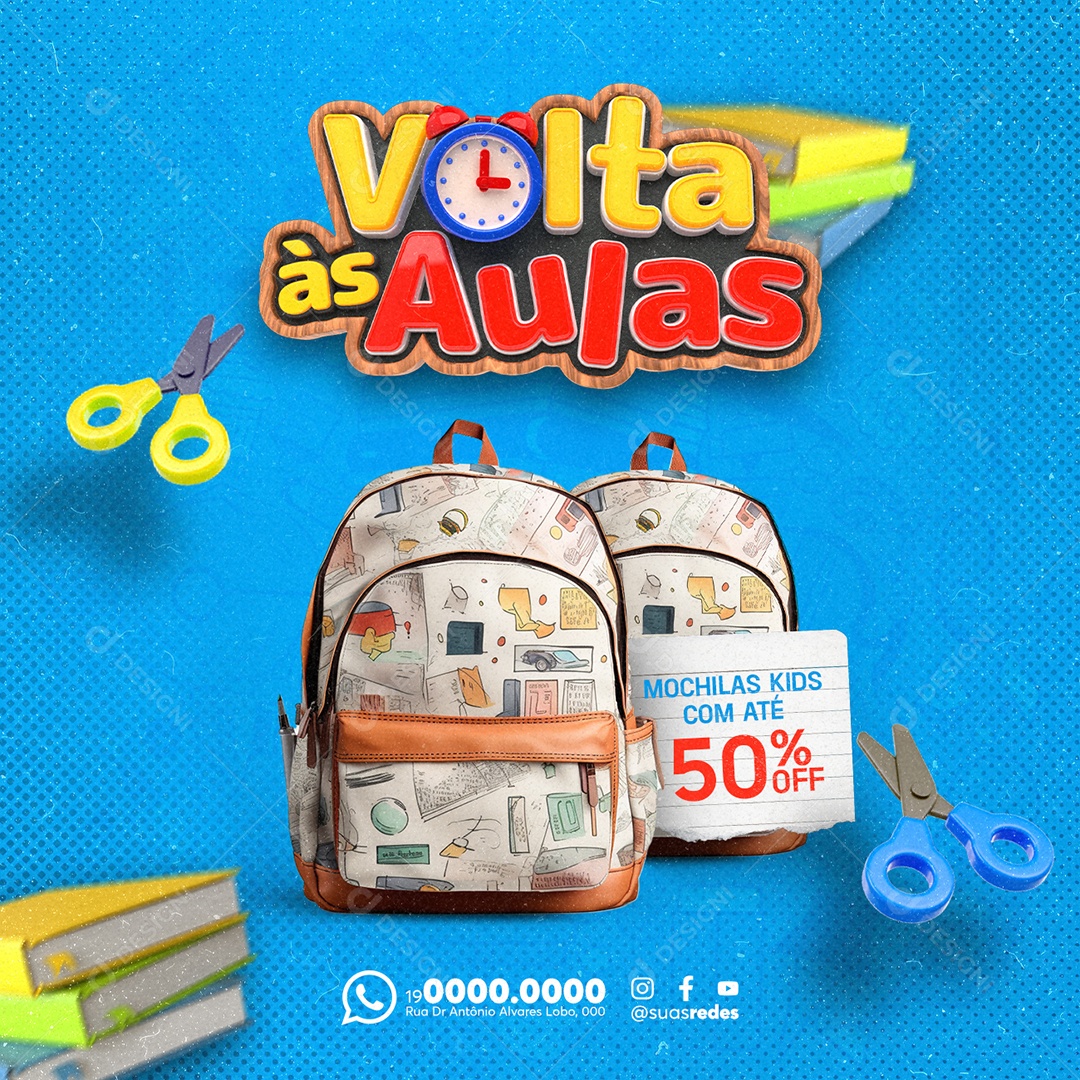 Papelaria Volta às Aulas Mochilas Kids com Até 50% Off Social Media PSD Editável