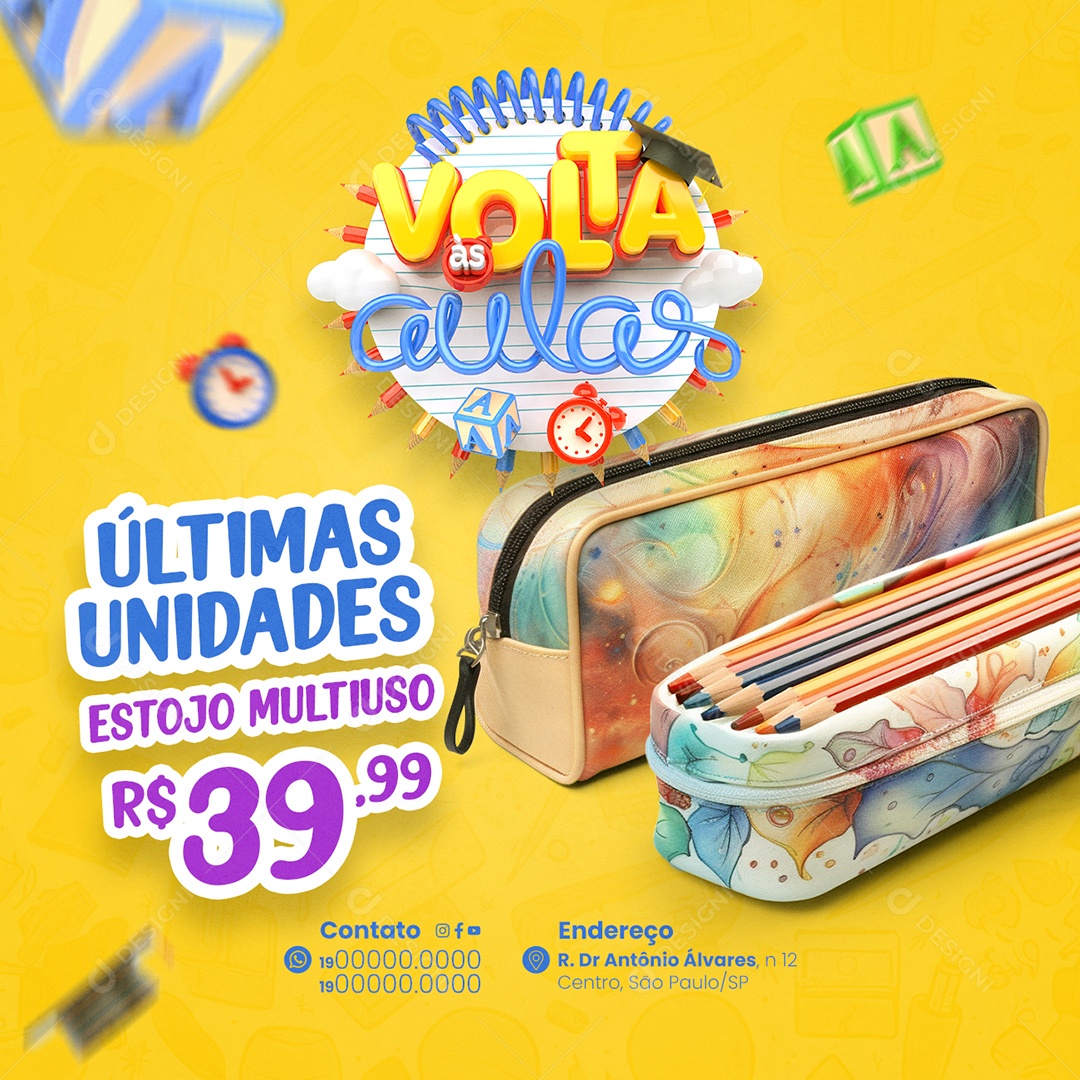 Papelaria Volta às Aulas Últimas Unidades Estojo Multiuso Social Media PSD Editável
