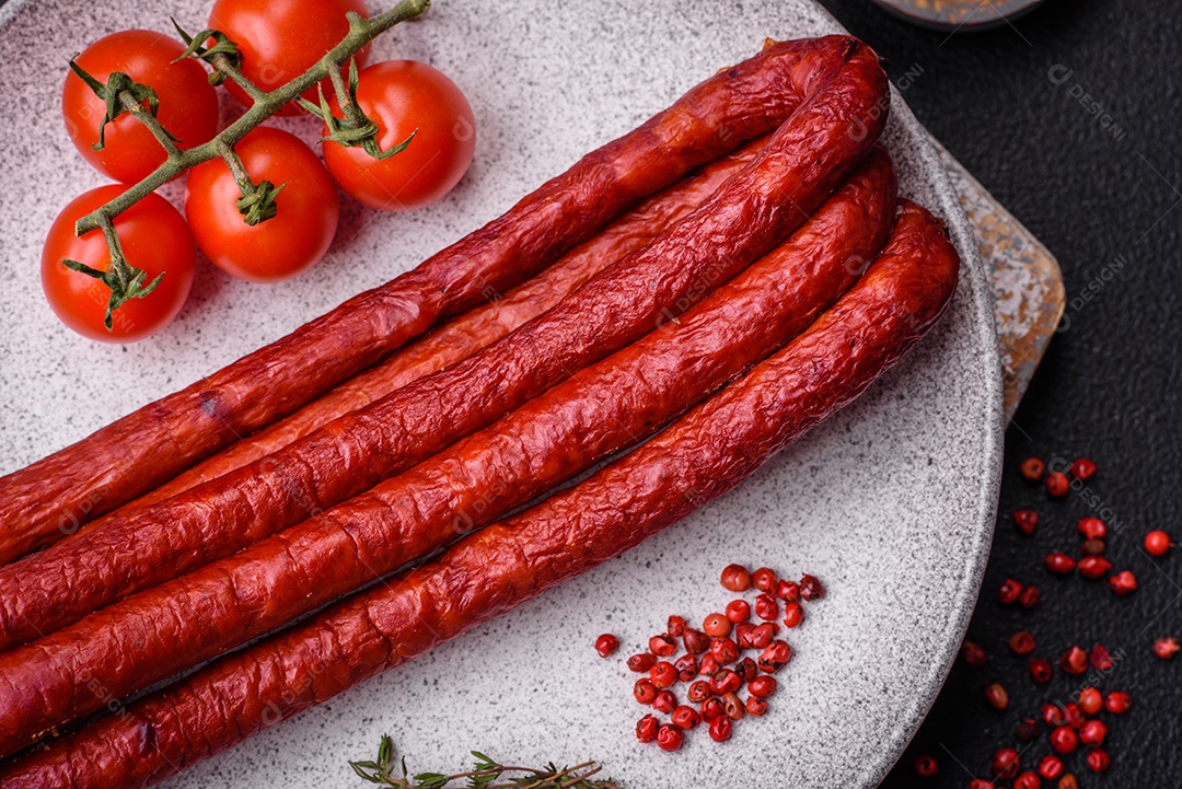 Deliciosas salsichas de caça defumadas com sal, especiarias e ervas sobre um fundo escuro de concreto