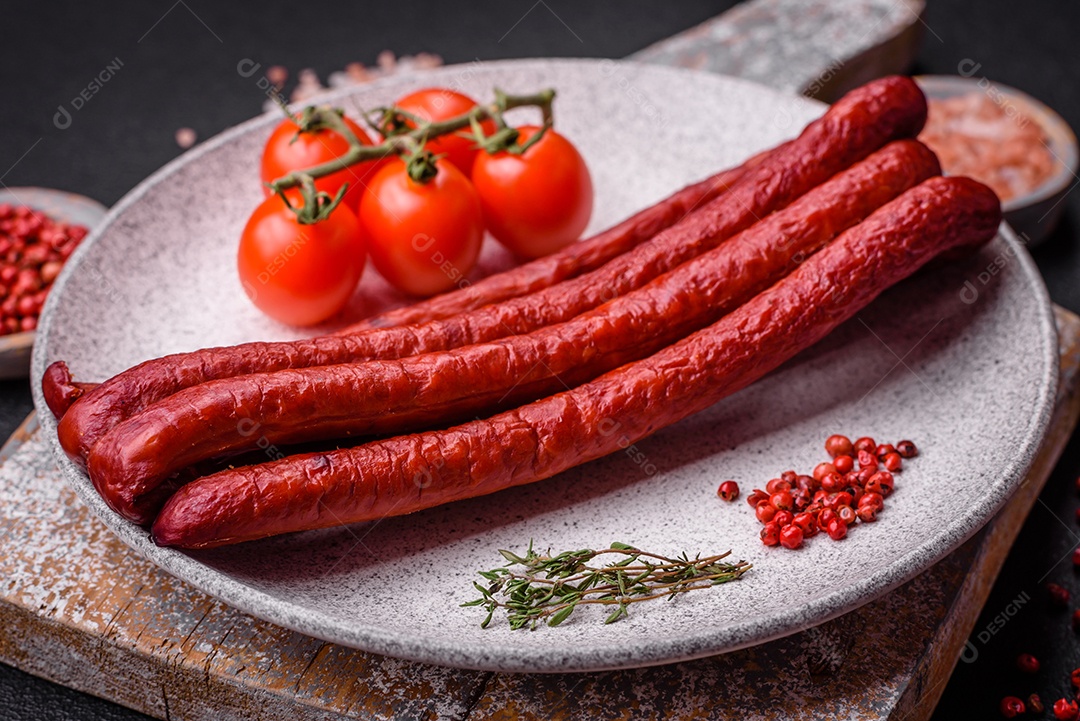 Deliciosas salsichas de caça defumadas com sal, especiarias e ervas sobre um fundo escuro de concreto