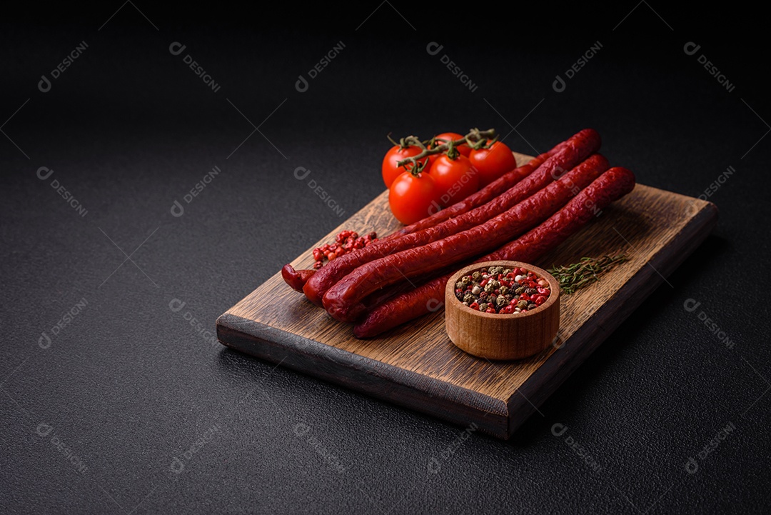 Deliciosas salsichas de caça defumadas com sal, especiarias e ervas sobre um fundo escuro de concreto