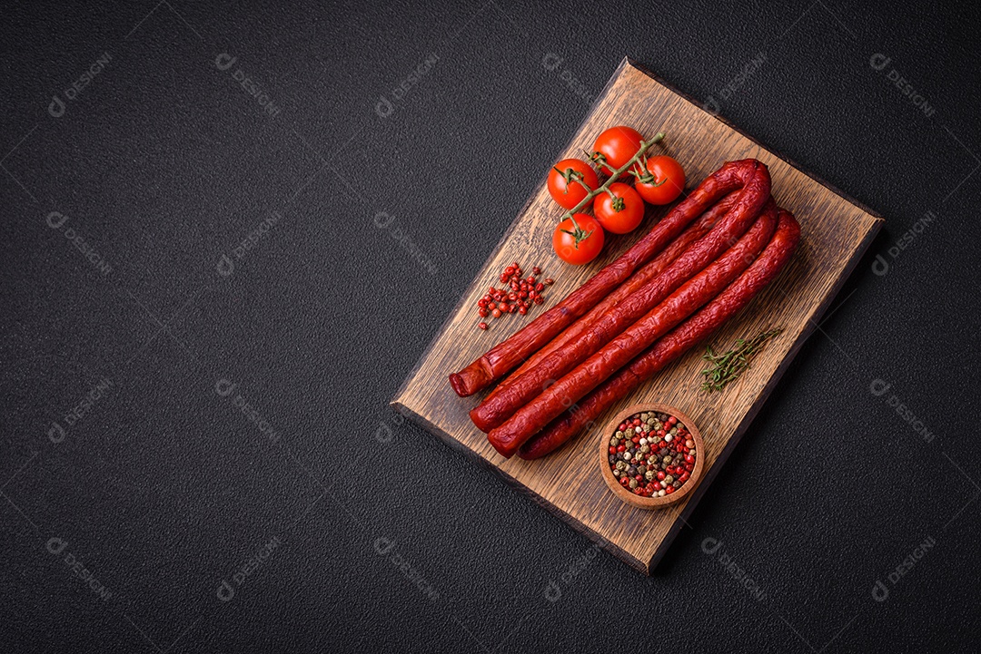 Deliciosas salsichas de caça defumadas com sal, especiarias e ervas sobre um fundo escuro de concreto