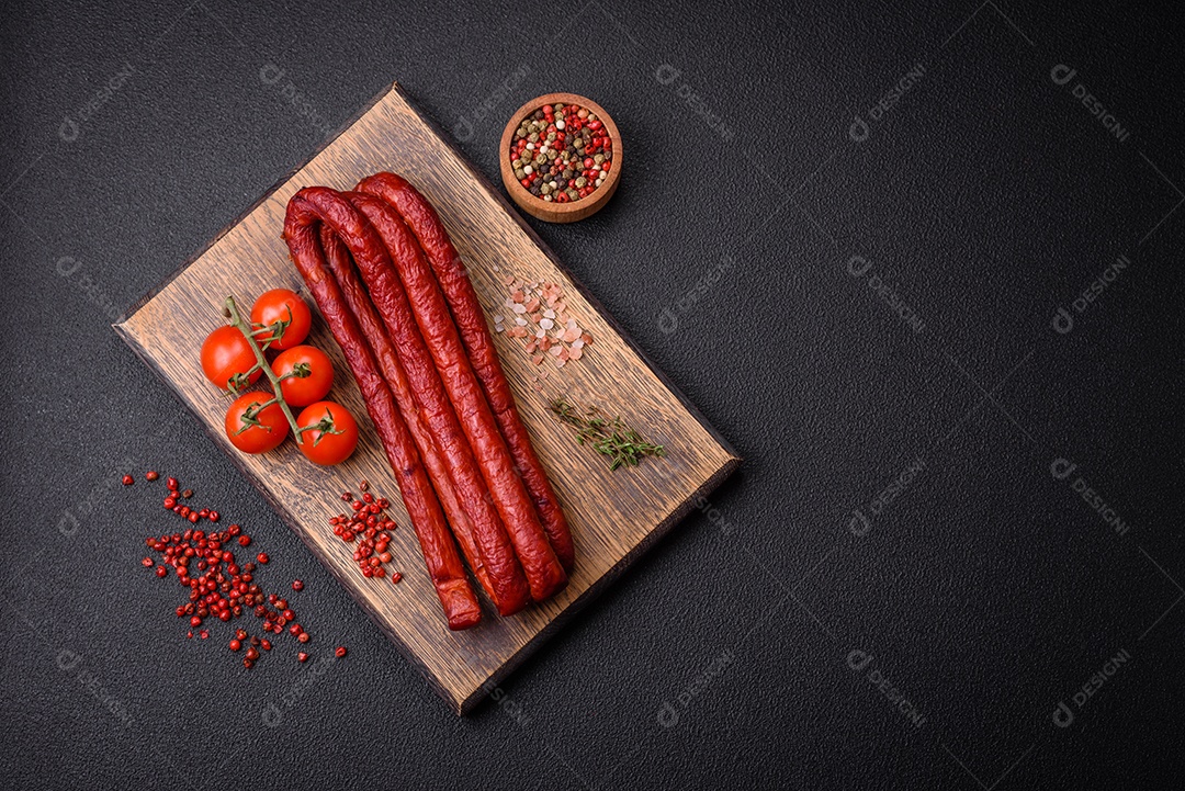 Deliciosas salsichas de caça defumadas com sal, especiarias e ervas sobre um fundo escuro de concreto