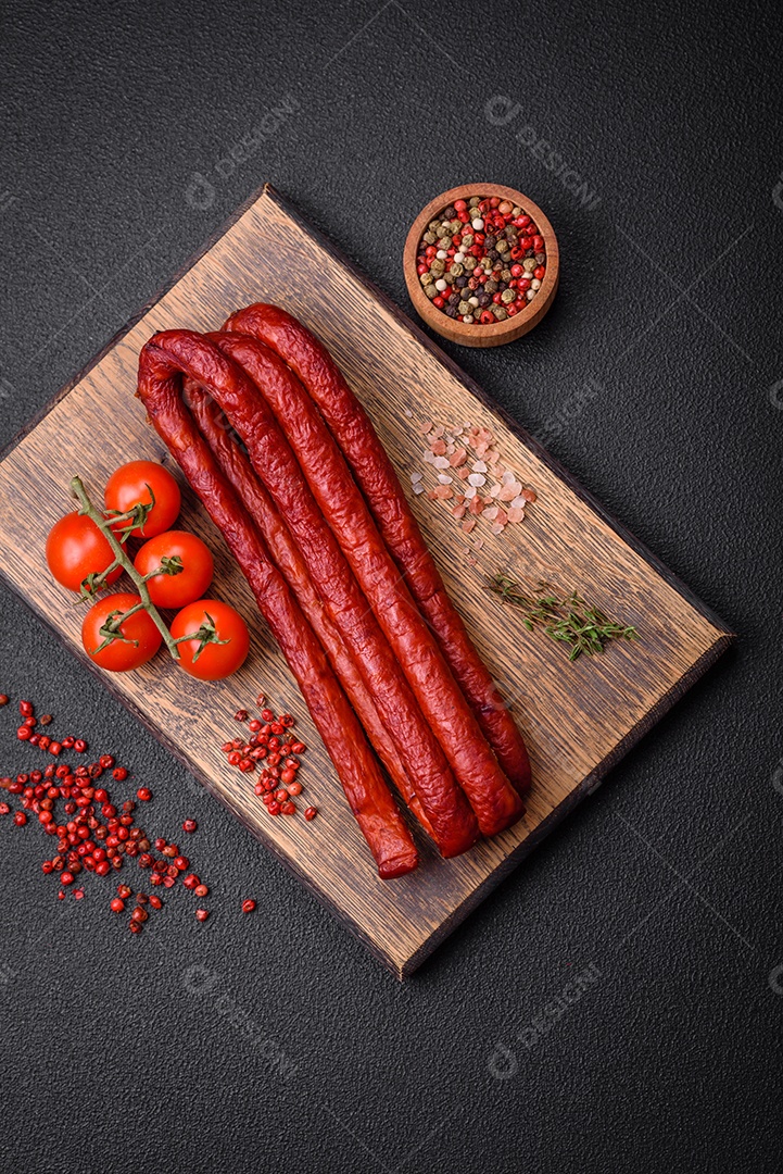Deliciosas salsichas de caça defumadas com sal, especiarias e ervas sobre um fundo escuro de concreto