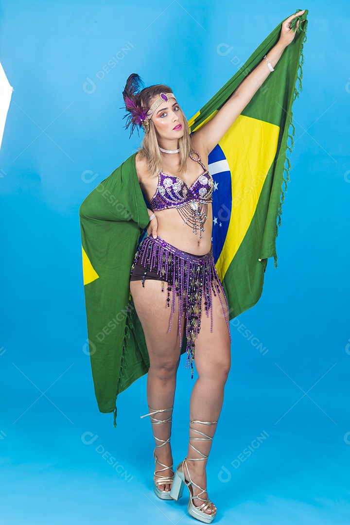 Linda jovem com fantasia de carnaval segurando bandeira do Brasil.