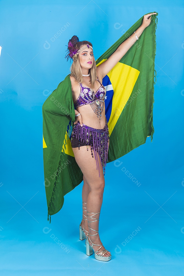 Linda jovem com fantasia de carnaval segurando bandeira do Brasil.