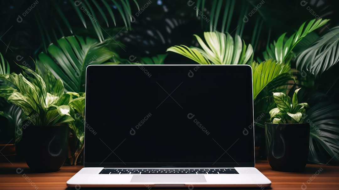 Laptop com tela em branco sobre mesa de madeira com fundo de plantas verdes