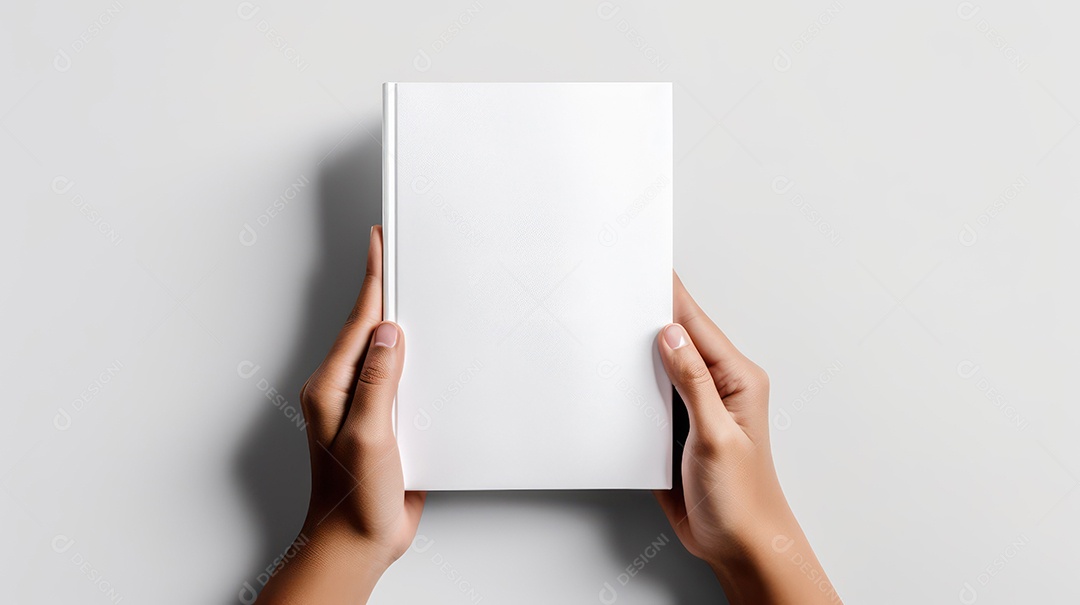 Mãos femininas segurando um livro sobre fundo branco
