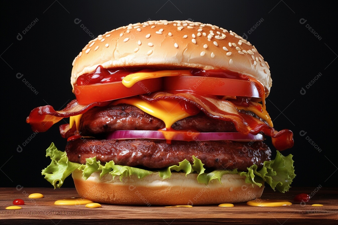 Delicioso Hambúrguer sobre uma tábua de madeira