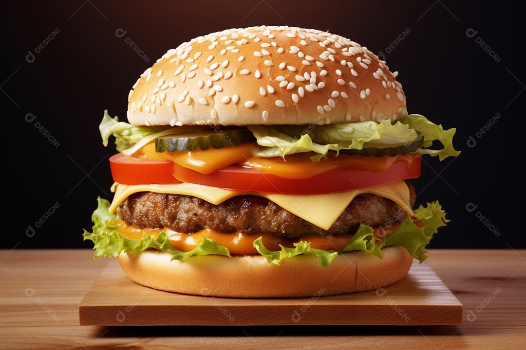 Delicioso Hambúrguer sobre uma tábua de madeira