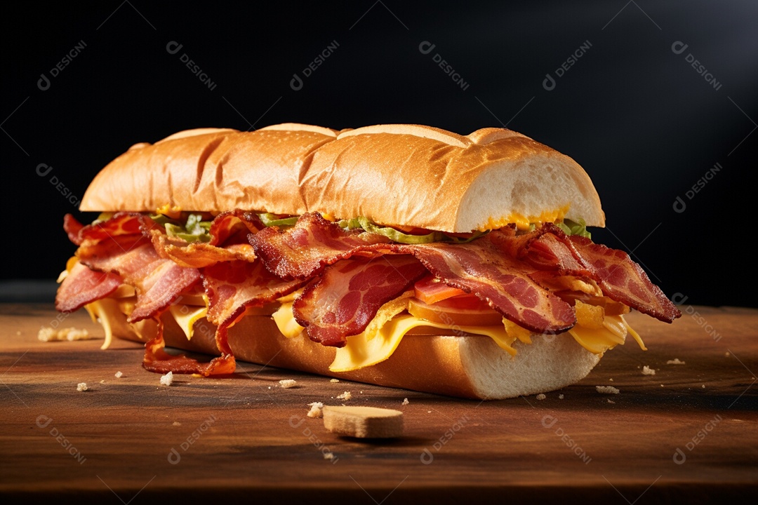 Delicioso sanduíche sobre uma mesa de madeira