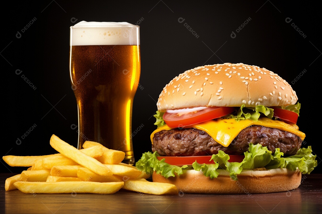 Delicioso Hambúrguer ao lado de copo de cerveja sobre uma tábua de madeira