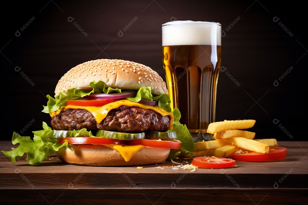 Delicioso Hambúrguer ao lado de copo de cerveja sobre uma tábua de madeira