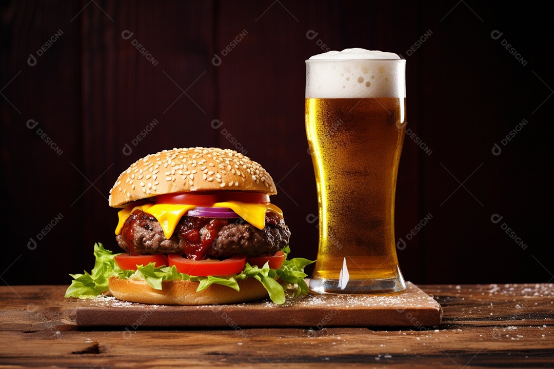 Delicioso Hambúrguer ao lado de copo de cerveja sobre uma tábua de madeira