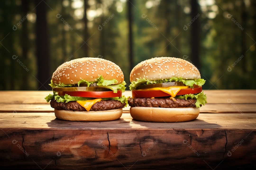 Delicioso Hambúrguer sobre uma tábua de madeira