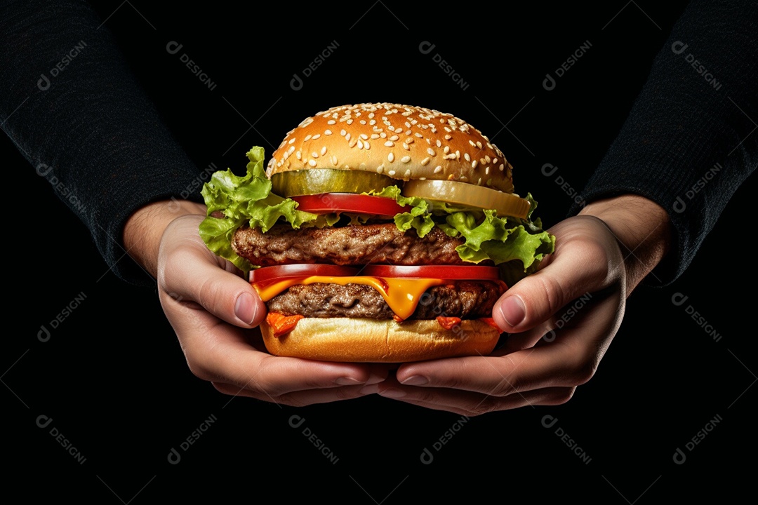 Mãos de pessoa segurando delicioso hambúrguer