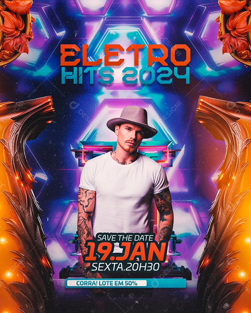 Flyer Eletro DJ Hits 2024 Save The Date Social Media PSD Editável