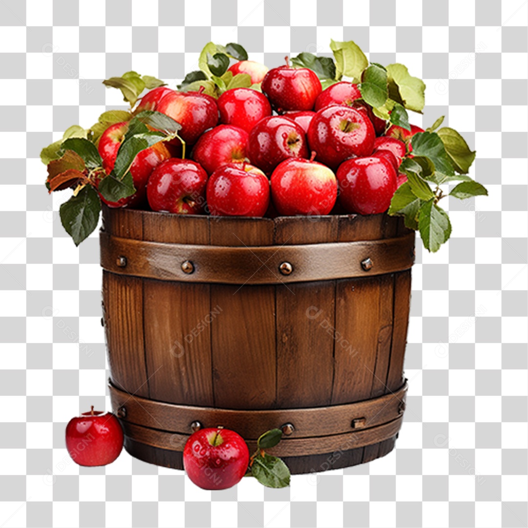 Barril de Madeira com Maçãs PNG Transparente