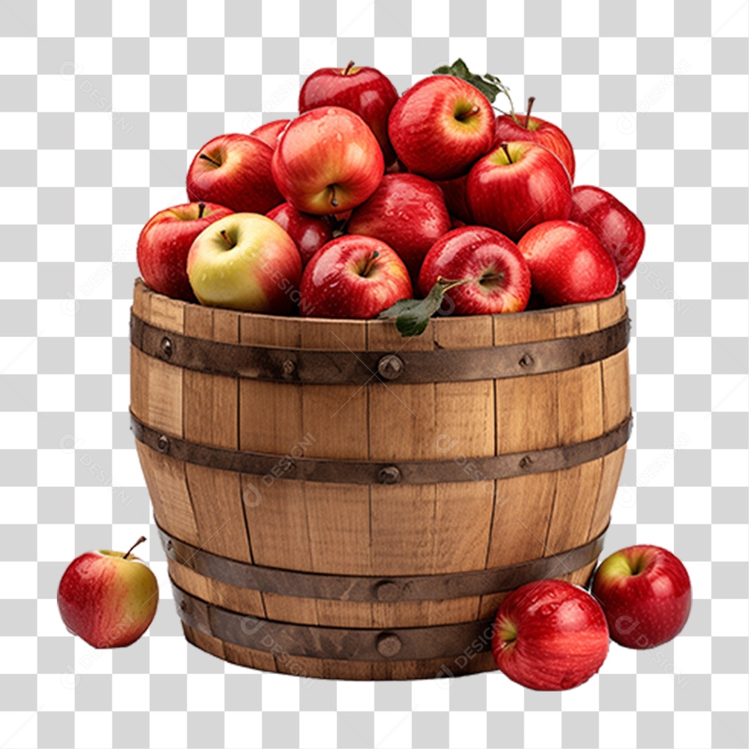 Barril de Madeira com Maçãs PNG Transparente