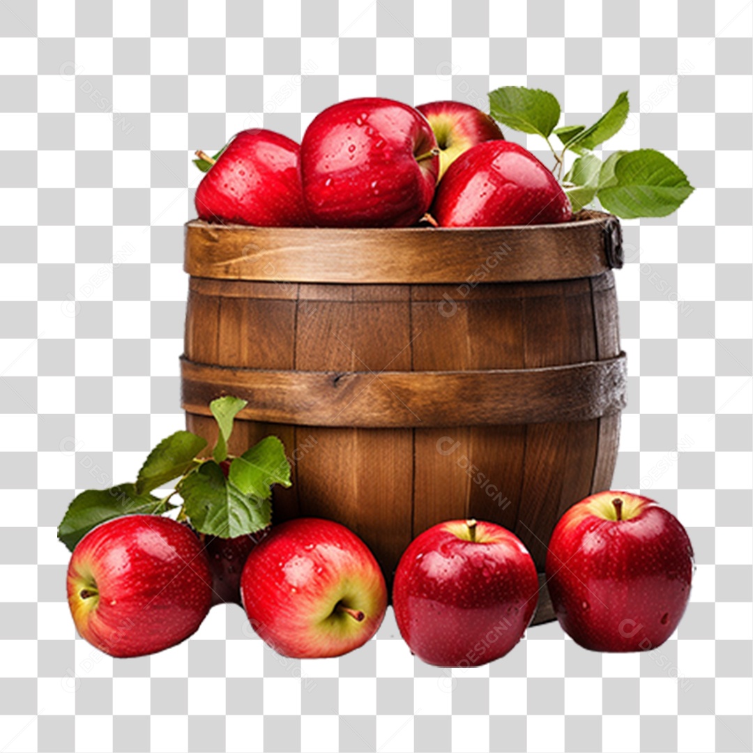Barril de Madeira com Maçãs PNG Transparente