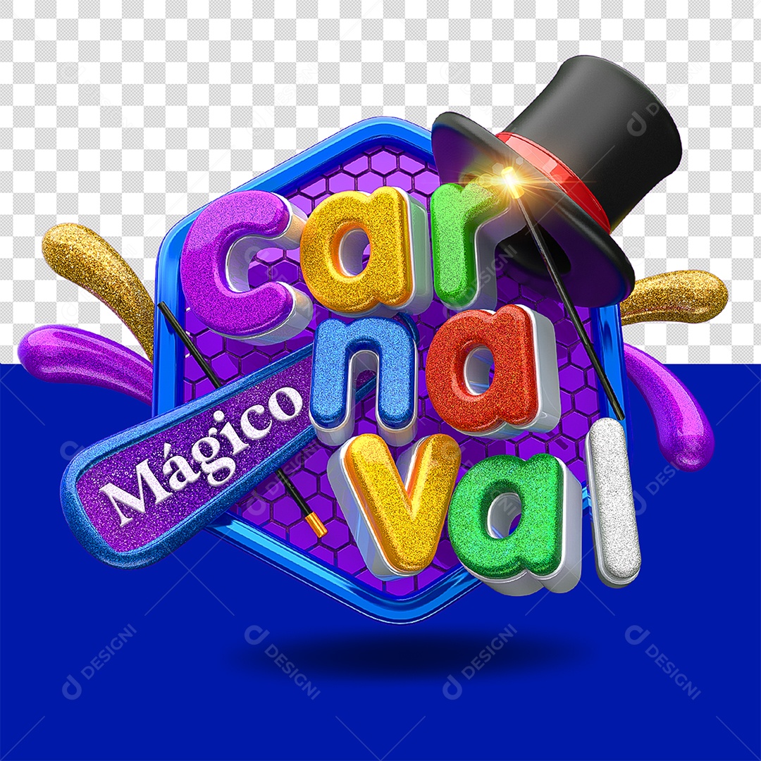 Selo 3D Carnaval Mágico Colorido para Composição PSD