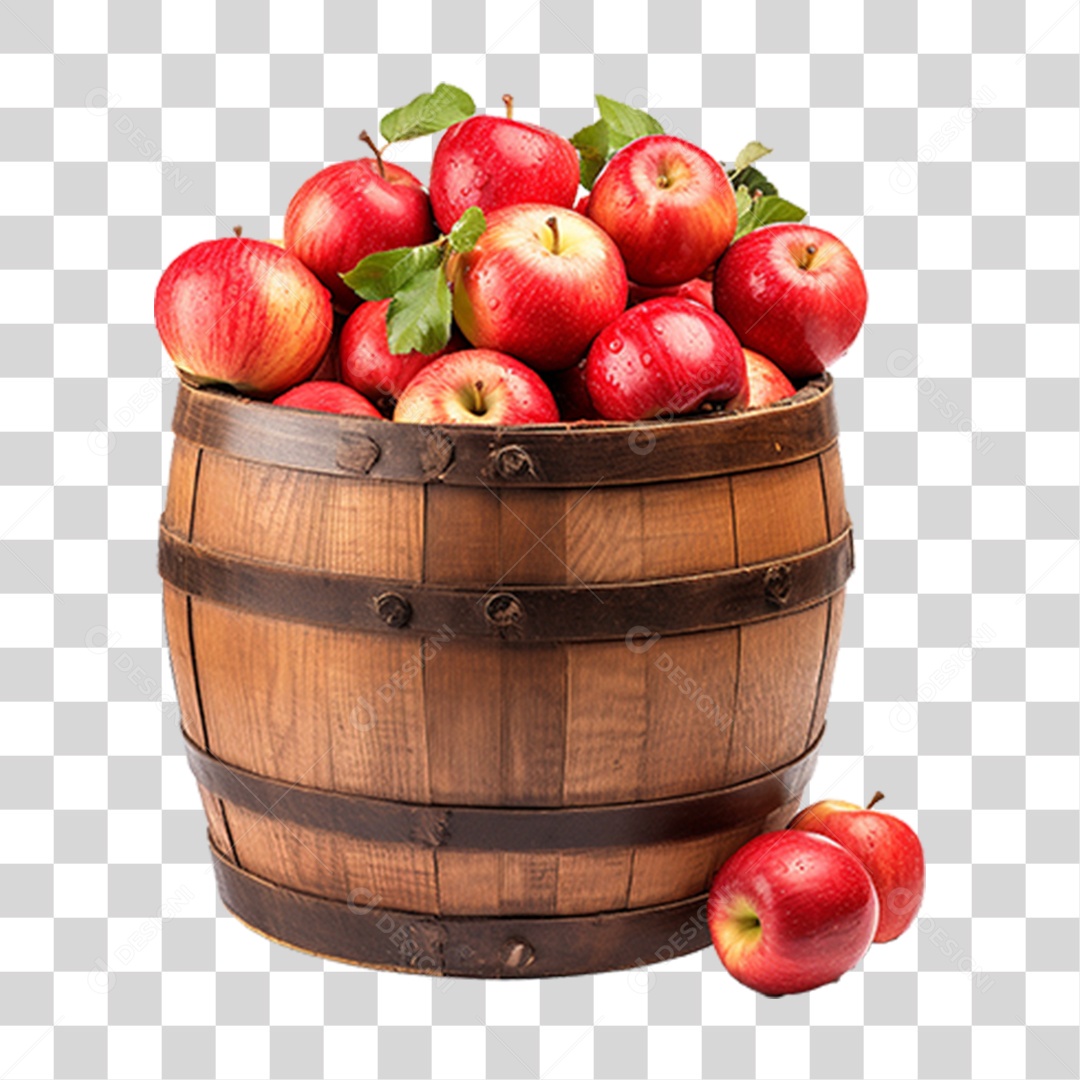 Barril de Madeira com Maçãs PNG Transparente